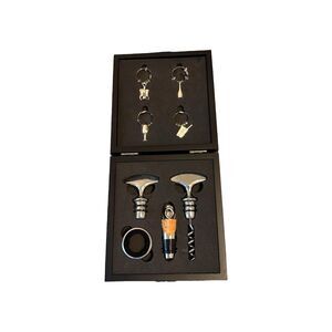 Wine Opener With Accessories In Black Case Wine Rings Stoppers New 6” X 6.5”